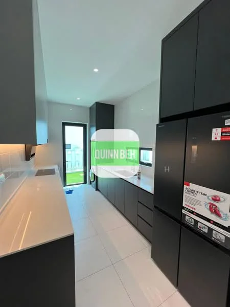 Kitchen features: white quartz countertop, black cabinetry, stainless-steel fridge, built-in oven, ceramic tile flooring, recessed LED downlights, single-bowl stainless-steel sink, chrome pull-down faucet, window with view to outdoor, open shelving, kitchen island, modern cabinet handles; style: modern; view: garden.