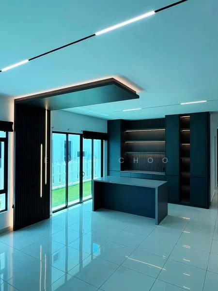Kitchen features: island countertop, black cabinetry, open shelving, white glossy tile flooring, recessed LED downlights, floor-to-ceiling windows, sliding glass doors, green garden view, modern light fixtures, textured wall paneling; style: modern; view: garden.