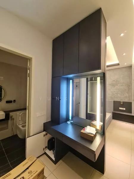 Bathroom features: black cabinetry, backlit mirror, vanity with countertop, white sink, modern faucet, tile flooring, recessed lighting, wall-mounted toilet, grey accent wall, storage cabinet, open shelving; style: modern.