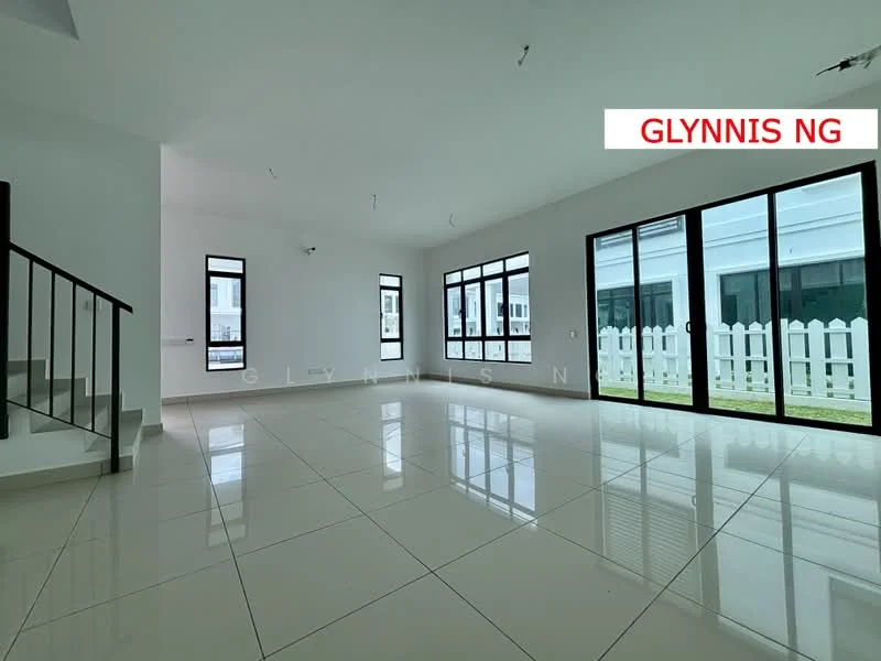 Room features: white painted walls, glossy ceramic tile flooring, large floor-to-ceiling windows, multiple windows with black frames, open layout, high ceiling, no visible furniture, natural light flooding the space; style: modern; view: garden.