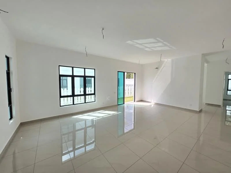 Room features: white painted walls, glossy ceramic tile flooring, large windows with black frames, natural light from windows, no visible furniture, high ceiling, minimalist design, open layout; style: modern; view: garden.