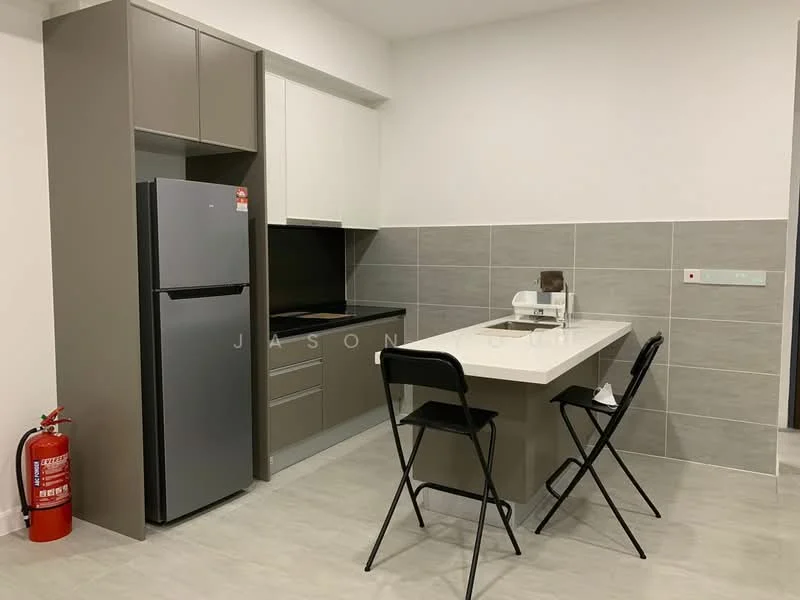 Kitchen features: grey cabinetry, white upper cabinets, black countertop, stainless-steel fridge, built-in oven, single-bowl stainless-steel sink, chrome pull-down faucet, tile backsplash, folding dining table, black folding chairs, fire extinguisher, grey tile flooring; style: modern.