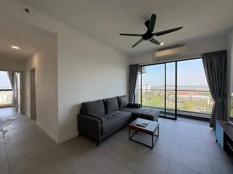 Living features: 3-seater fabric sofa in grey, coffee table, floor-to-ceiling windows, sliding glass door, curtains, ceiling fan, wall-mounted air conditioning unit, tile flooring, neutral painted walls, decorative wall art; style: modern; view: city. Room features: doorway leading to hallway, neutral painted walls, tile flooring.