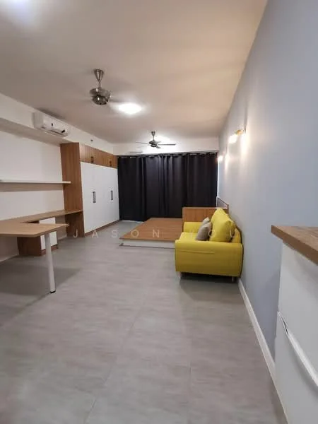 Living features: yellow fabric sofa, wooden coffee table, wall-mounted shelves, built-in cabinets, grey tiled flooring, ceiling fan, recessed lighting, blackout curtains, white walls, wooden accent wall; style: modern.