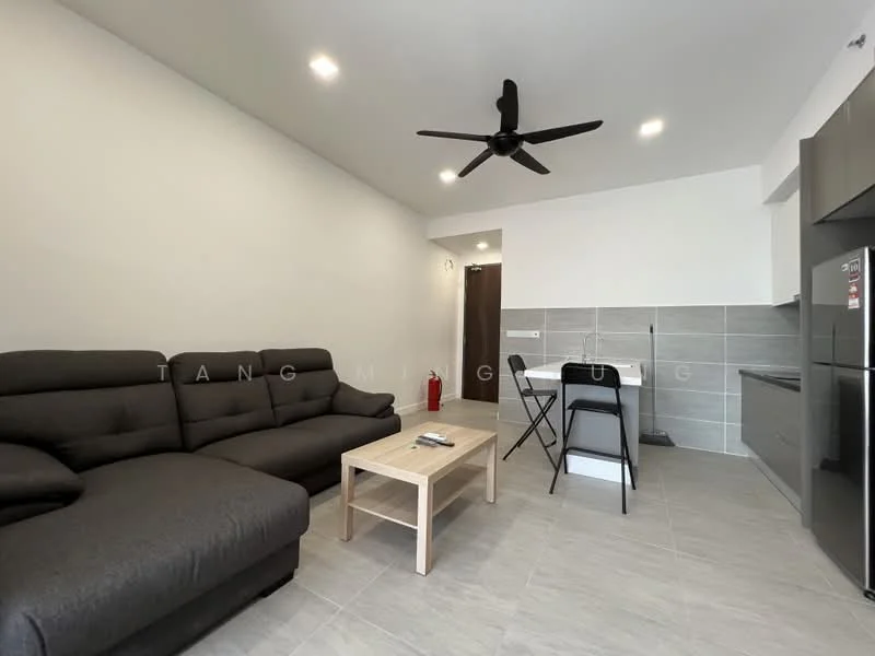 Living features: 3-seater fabric sofa in dark grey, wooden coffee table, black dining table with two chairs, floor-to-ceiling windows, recessed downlights, ceiling fan, grey tiled flooring, kitchenette with grey cabinetry, stainless-steel fridge; style: modern.