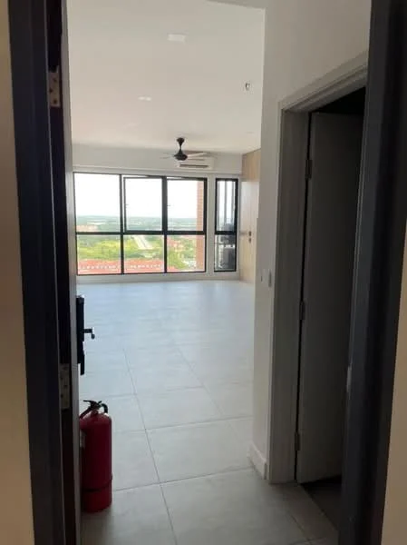 Room features: floor-to-ceiling windows, sliding glass door, grey tiled flooring, ceiling fan, white painted walls, open layout, fire extinguisher, air conditioning unit; style: modern; view: city.
