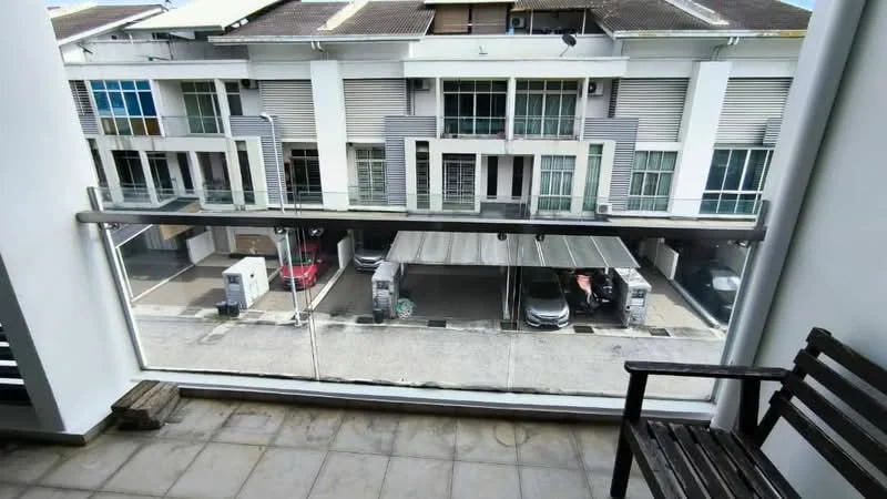 Room features: glass railing, tile flooring, wooden bench, view of parking area, overhead awning, multiple parked cars, building facade across the street, outdoor space; view: street.