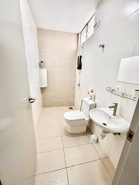 Bathroom features: white tiled walls, light beige tiled flooring, one-piece toilet, wall-mounted sink, chrome faucet, mirror above sink, shower head, shower wall with tiles, toilet paper holder, soap dispenser, shelf above sink; style: modern.