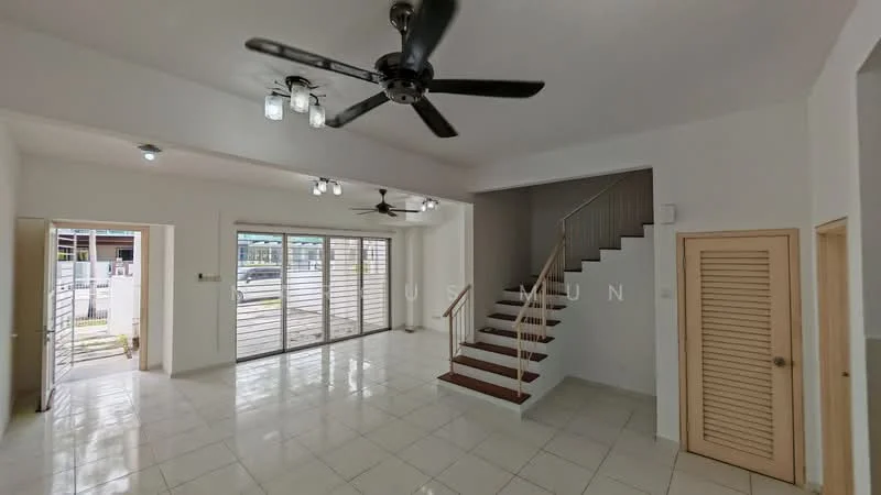 Living features: white painted walls, polished tile flooring, 5-blade ceiling fan with light, recessed downlights, floor-to-ceiling windows, sliding glass door, staircase with wooden steps, built-in storage closet with louvered doors; style: modern.