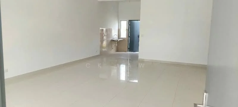 Room features: white painted walls, glossy tile flooring, single-bowl stainless-steel sink, kitchen cabinetry, window, door, open layout, neutral color scheme; style: modern.
