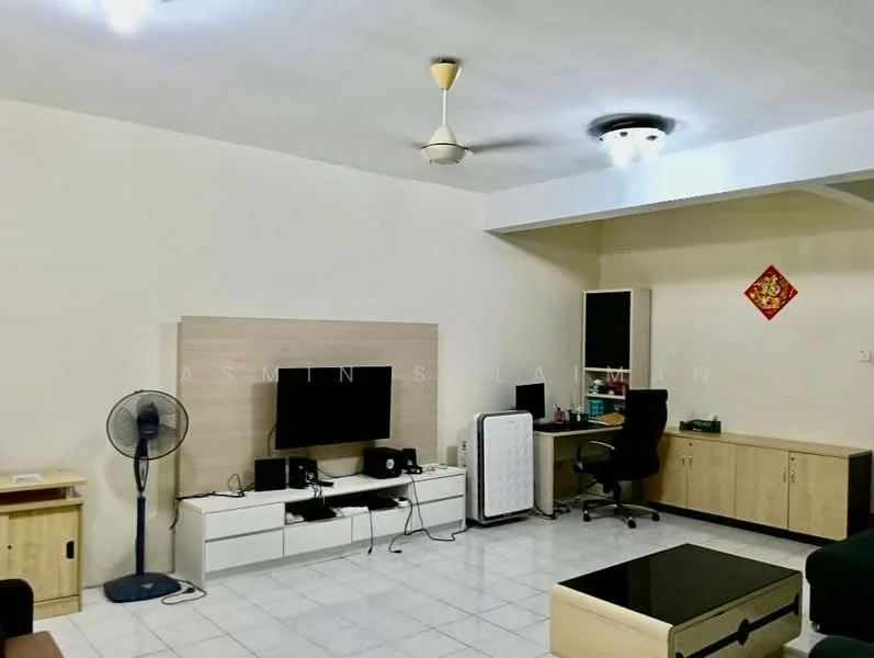 Living features: white painted walls, white ceiling, ceiling fan, recessed downlights, tile flooring, TV console, wall-mounted TV, black coffee table, wooden side cabinet, black office chair, pedestal fan, decorative wall art; style: modern.