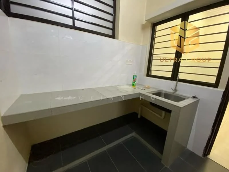 Kitchen features: grey laminate countertop, single-bowl stainless-steel sink, chrome pull-down faucet, white tiled backsplash, white painted walls, black tile flooring, window with horizontal slats, built-in cabinetry; style: modern.