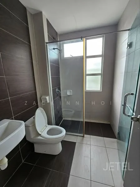Bathroom features: glass shower enclosure, rain shower head, toilet, sink with wall-mounted faucet, tile flooring, dark wood accent wall, white wall tiles, window for natural light; style: modern.
