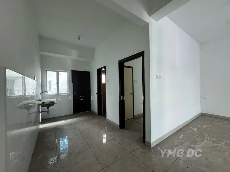 Room features: white painted walls, grey tiled flooring, single-bowl sink, window with white frame, doorway leading to another room, doorway leading outside, high ceiling, recessed lighting; style: modern.