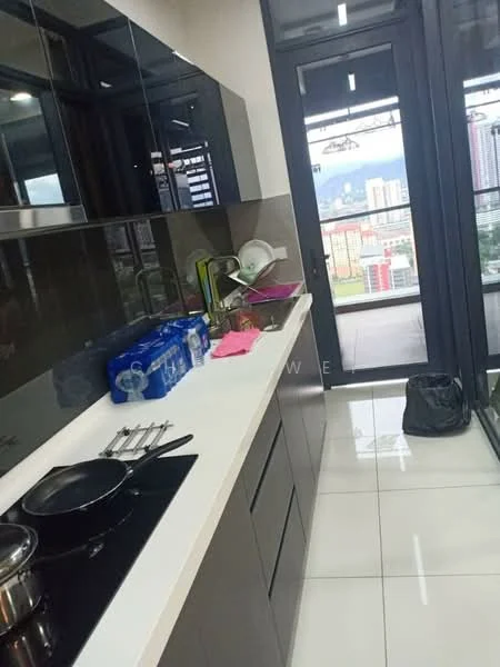Kitchen features: black cabinetry, white quartz countertop, stainless-steel sink, chrome pull-down faucet, built-in stove with 4 burners, glass backsplash, refrigerator, kitchen utensils, pantry storage, floor-to-ceiling windows, city view, tile flooring; style: modern; view: city.