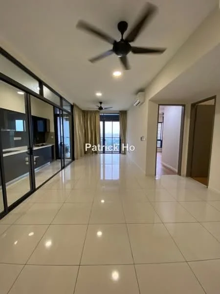 Living features: large floor-to-ceiling windows, sliding glass door, cream painted walls, white ceiling, 5-blade ceiling fan with light, polished tile flooring, curtains, wall-mounted TV, TV console, open layout, recessed lighting; style: modern; view: city.