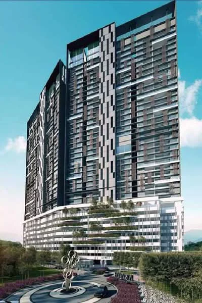 Exterior type: high-rise condominium; features: glass curtain wall, exposed concrete facade, recessed balconies, feature lighting at night, manicured landscaping, sculptural feature in front, multiple storeys, modern architectural design; style: modern.