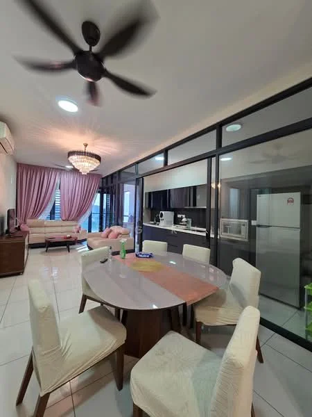 Dining features: round dining table with pink marble top, 6 upholstered dining chairs in cream, chandelier with multiple bulbs, 5-blade ceiling fan with light, floor-to-ceiling windows, curtains in pink, white tiled flooring, wall-mounted TV, sofa in light color, kitchen area visible in background; style: modern.