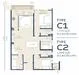 Floor plan: 3-bedroom 2-bathroom unit; features: open-plan kitchen-dining-living, master bedroom with ensuite bathroom, bedroom 2 with shared bathroom, utility room, balcony off living room, central foyer, 2 car porch.