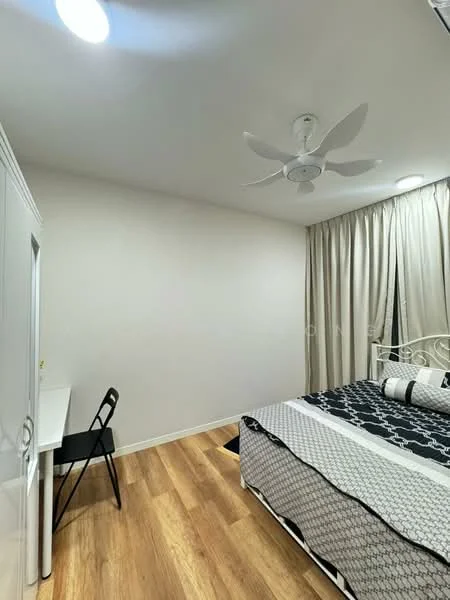 Bedroom features: queen-size bed with patterned bedding, upholstered headboard, wooden flooring, 5-blade ceiling fan with light, white painted walls, floor-to-ceiling curtains, desk with chair, built-in wardrobe; style: modern.