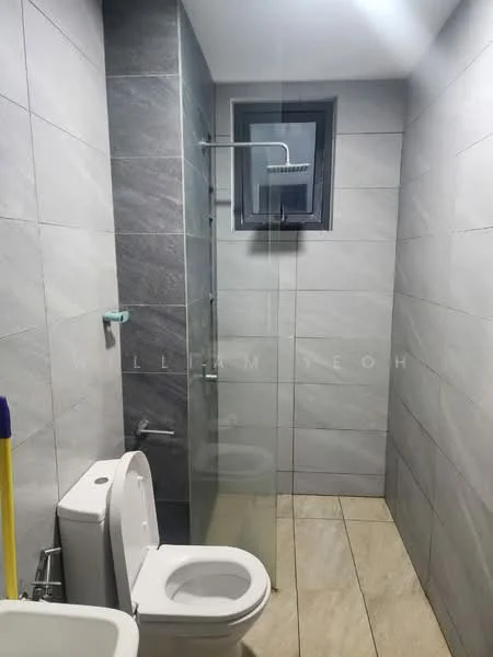 Bathroom features: grey tiled walls, light beige tiled flooring, walk-in shower with glass enclosure, chrome shower head, toilet, small window, glass shower panel, wall-mounted faucet; style: modern.