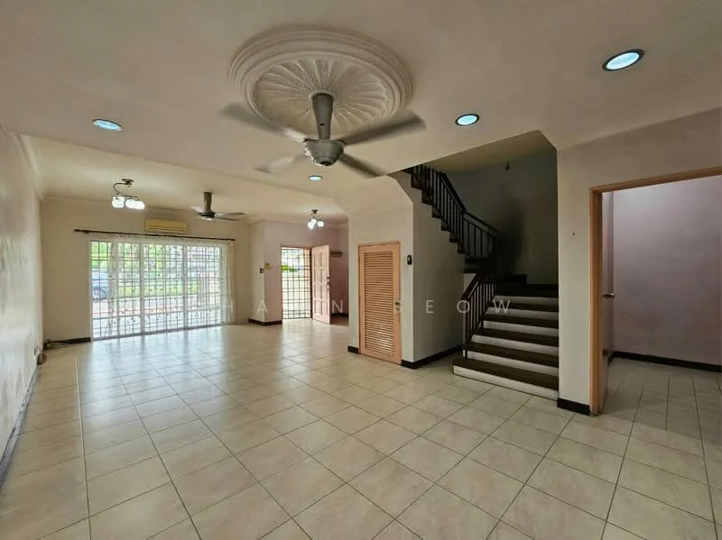 Living features: tiled flooring, ceiling fan with light, recessed downlights, large windows with grid pattern, sliding glass door, white walls, staircase with wooden railing, doorway leading to another room; style: modern; view: garden.