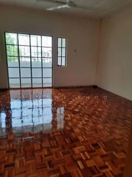 Room features: wooden flooring, white painted walls, ceiling fan, large windows, glass sliding door, natural light, open layout, high ceiling.