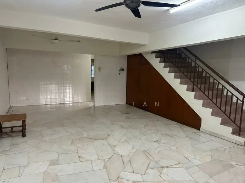 Living features: marble flooring, 5-blade ceiling fan, white painted walls, staircase with wooden railing, large windows for natural light, open layout, wall-mounted light fixture, corner table. Room features: white painted walls, ceiling fan, marble flooring.