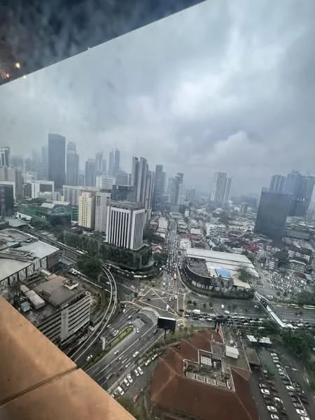 Exterior type: high-rise condominium; features: city skyline view, surrounded by urban landscape, multiple high-rise buildings, busy road network, cloudy sky, greenery at ground level; style: modern.