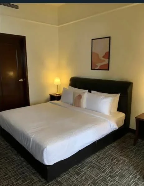 Bedroom features: king-size bed, upholstered headboard, white bedding, two bedside tables, table lamp, framed artwork on wall, carpet flooring, painted walls in light color; style: modern.