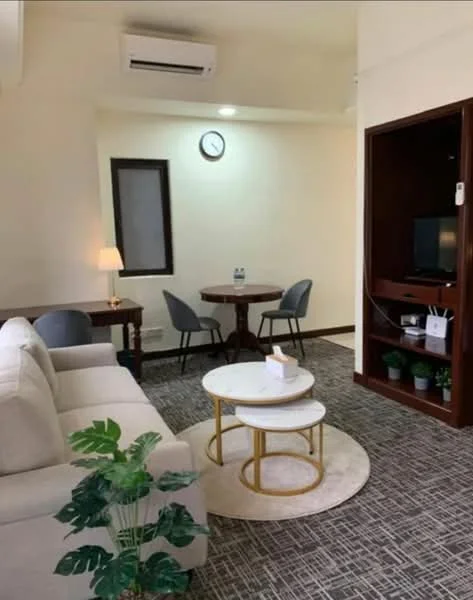 Living features: 3-seater fabric sofa in light color, round coffee table with gold base, area rug with geometric pattern, wall-mounted TV, wooden TV console, decorative plants in pots, table lamp, ceiling-mounted air conditioning unit, clock on the wall, dining table for two with grey chairs, window with sheer curtains; style: modern.