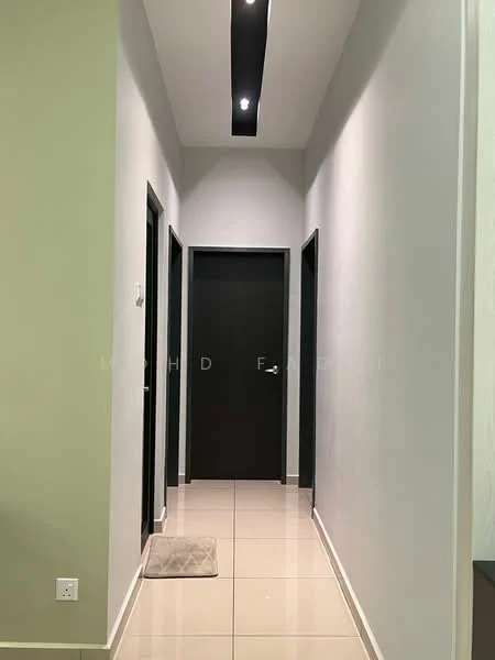 Hallway features: white painted walls, dark wood doors, recessed LED downlights, glossy tile flooring, neutral color scheme, door mat, high ceiling; style: modern.