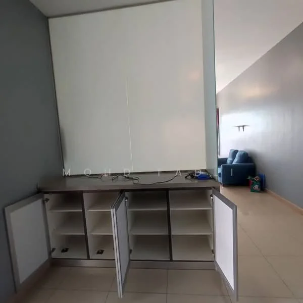 Room features: grey painted walls, white cabinetry with doors, open shelving, countertop, tile flooring, visible electrical outlets, cable management, neutral color scheme; style: modern.