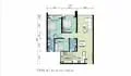 Floor plan: 2-bedroom 1-bathroom unit; features: open-plan kitchen-dining-living, master bedroom with ensuite bathroom, bedroom 2 with shared bathroom, balcony off living room, utility room, laundry area, central foyer.