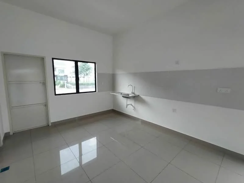 Room features: white painted walls, grey accent wall, glossy tile flooring, large window with black frame, sink mounted on wall, built-in cabinet with sliding doors, neutral color scheme, minimalist design; style: modern; view: garden.