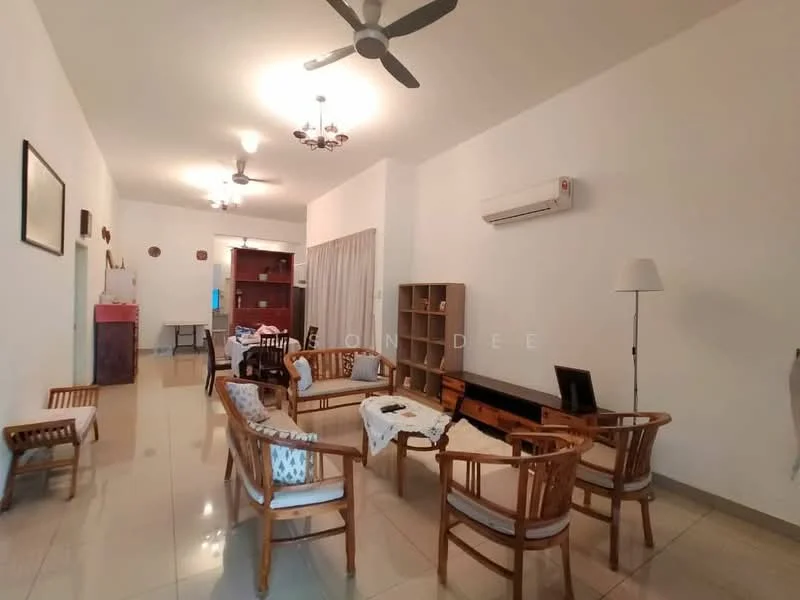 Living features: white painted walls, polished tile flooring, 5-blade ceiling fan, 2 ceiling-mounted light fixtures, wooden coffee table, 2-seater wooden sofa, 3-seater wooden sofa, wooden side table, TV console, wall-mounted air conditioning unit, decorative wall shelf, floor lamp; style: minimalist.