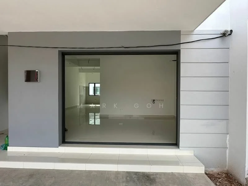Exterior features: large glass sliding door, grey painted facade, white painted wall, tiled porch, outdoor lighting, minimalist design; style: modern.