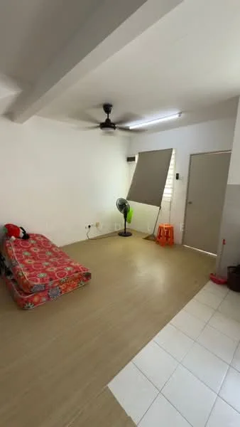 Room features: white painted walls, laminate flooring, ceiling fan, window with blinds, door leading outside, floor mat, orange plastic stool, standing fan; style: minimalist.