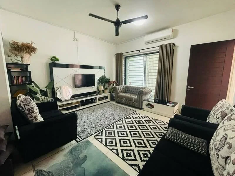 Living features: black fabric 3-seater sofa, black fabric 2-seater sofa, decorative cushions, coffee table, TV console with storage, wall-mounted TV, area rug with geometric pattern, ceiling fan with light, curtains, potted plants, wall art, light-colored walls, tile flooring; style: modern.