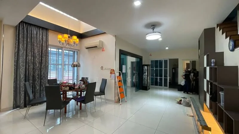 Living features: white tiled flooring, cream painted walls, recessed downlights, chandelier with multiple bulbs, 5-blade ceiling fan, large windows with sheer curtains, dining table with four grey chairs, wall-mounted shelves, decorative wall clock, open layout to adjacent room; style: modern.