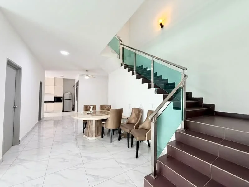 Dining features: round dining table, 4 upholstered dining chairs, marble tile flooring, white painted walls, ceiling fan, staircase with glass railing, wall-mounted light fixture; style: modern. Room features: grey door, open space leading to kitchen, white walls, tile flooring.