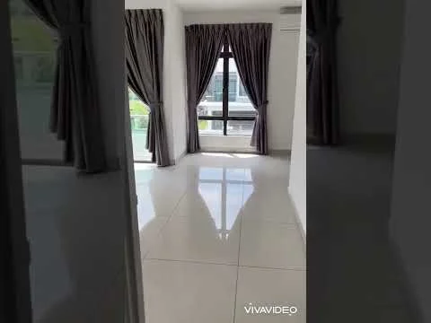 Room features: white painted walls, glossy tile flooring, floor-to-ceiling windows, grey curtains, air conditioning unit, natural light from windows; style: modern; view: city.