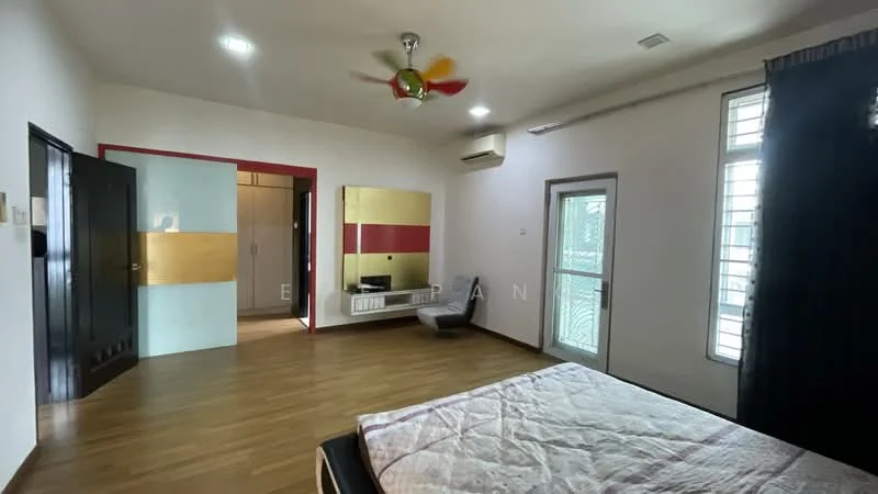 Bedroom features: wooden flooring, white painted walls, 5-blade ceiling fan with light, large window with sheer curtains, built-in wardrobe with sliding doors, mirror on wall, bed with mattress, armchair, door leading outside; style: modern.