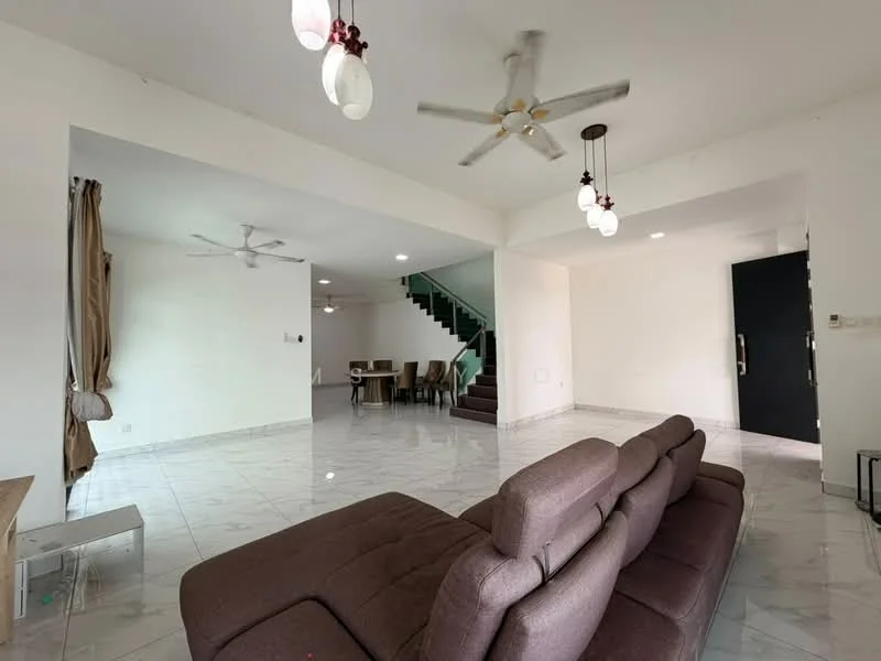 Living features: 3-seater fabric sofa in brown, marble tile flooring, 5-blade ceiling fan with light, pendant lights, white painted walls, large windows with sheer curtains, open layout to dining area, area rug; style: modern. Dining features: dining table with multiple chairs, marble tile flooring, 5-blade ceiling fan with light, white painted walls, open layout to living area; style: modern.