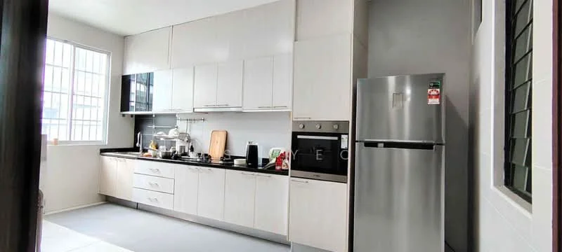 Kitchen features: white shaker cabinets, black countertop, stainless-steel fridge, built-in oven, 4-burner gas hob, stainless-steel range hood, single-bowl stainless-steel sink, chrome pull-down faucet, tile flooring, window with grid pattern, open shelving, kitchen utensils on countertop; style: modern.