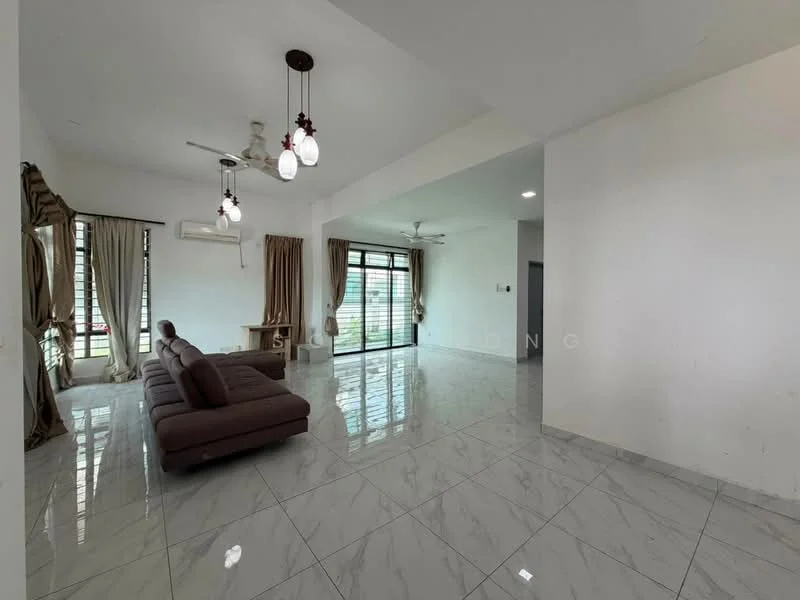 Living features: 3-seater fabric sofa in brown, coffee table, floor-to-ceiling windows, sheer curtains, 5-blade ceiling fan with light, recessed downlights, marble tile flooring, white painted walls, sliding glass door, access to outdoor space; style: modern; view: garden.