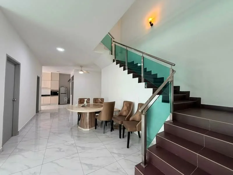 Living features: white painted walls, marble tile flooring, recessed downlights, stainless-steel railing, glass panel staircase, round dining table, 4 upholstered dining chairs, ceiling fan, open layout to kitchen, natural light from windows; style: modern.