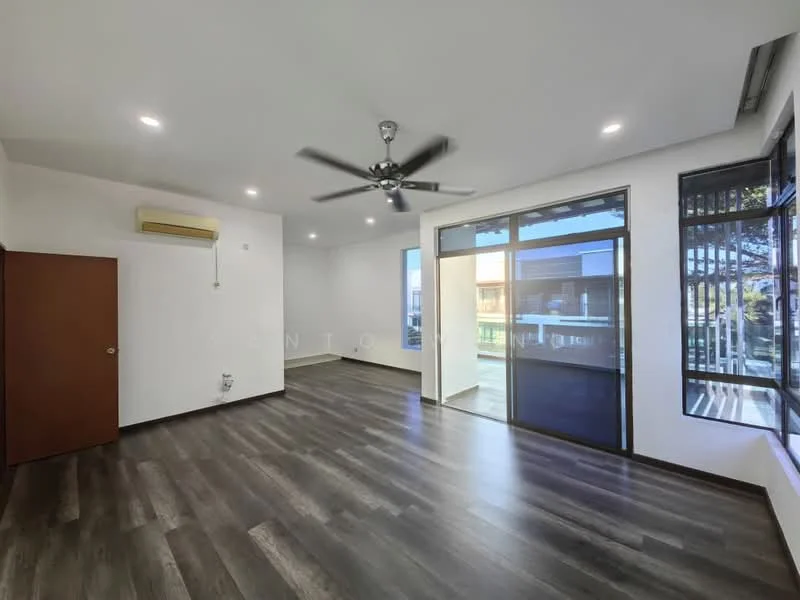 Living features: wooden flooring, 5-blade ceiling fan with light, floor-to-ceiling windows, sliding glass door, white painted walls, wall-mounted split AC, recessed downlights, window treatments, access to outdoor space; style: modern; view: garden.