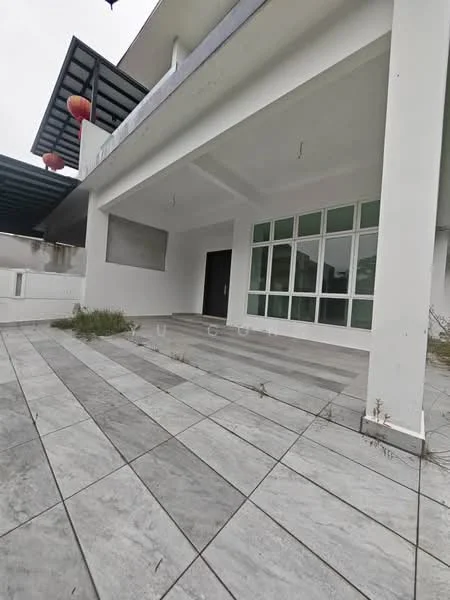 Exterior type: detached bungalow; features: white painted facade, flat roof, large glass windows, grey tiled flooring, covered porch area, surrounding greenery, lanterns hanging from the ceiling; style: modern.