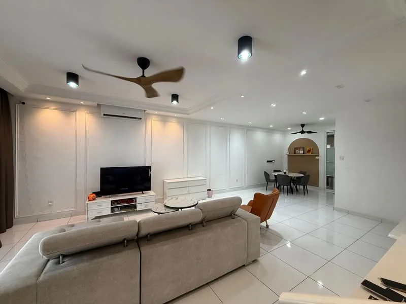 Living features: 5-blade ceiling fan with light, wall-mounted TV, white TV console, grey fabric sofa, round coffee table, white walls with crown moulding, recessed LED downlights, large floor tiles, curtains, open layout to dining area; style: modern.